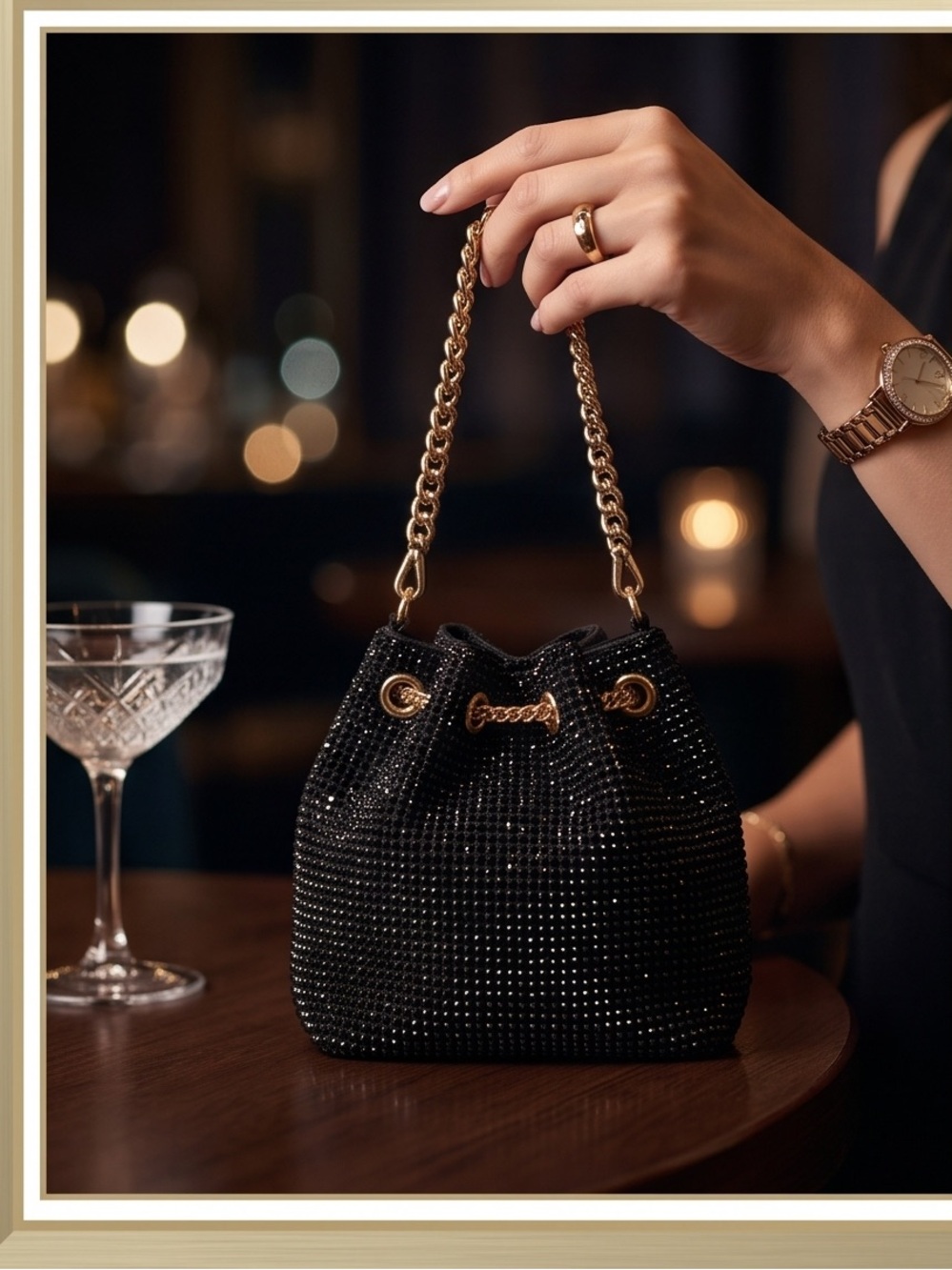 Olga Berg Black Beaded Crossbody Bucket Bag with Gold Chain & Tassels